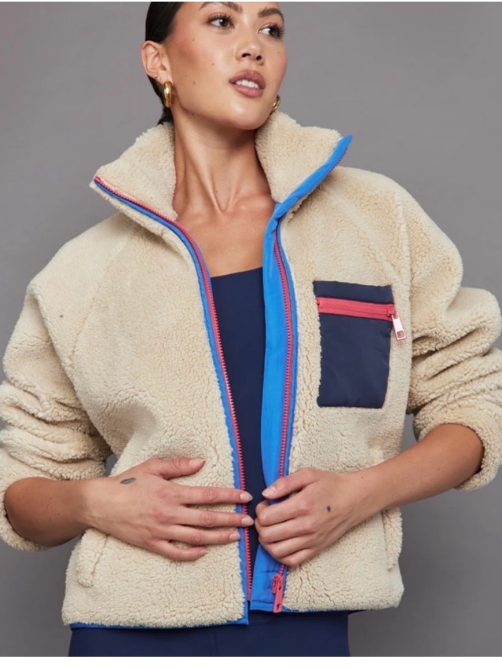 Carbon38 Contrast Teddy Jacket with Blue Trim and Navy Pocket